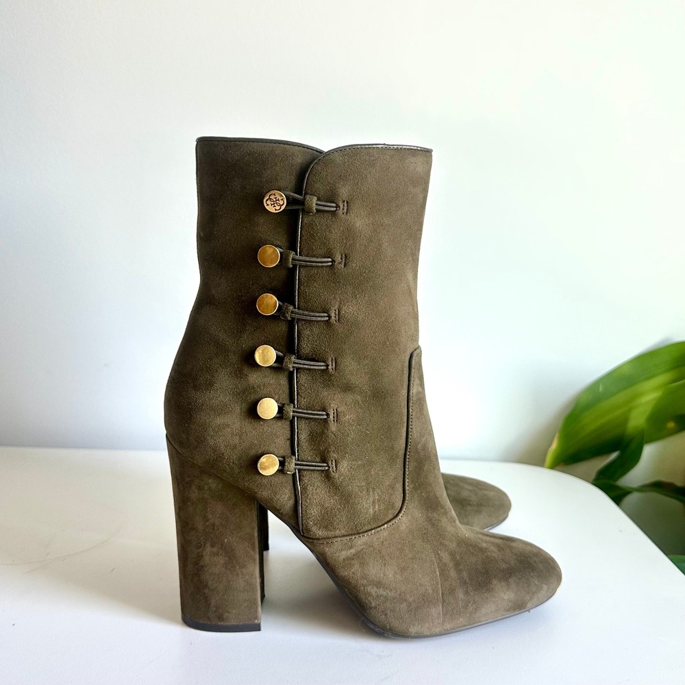 Guess Womens Olive Green Suede Ankle Boots Gold Button Block Heel Military Style